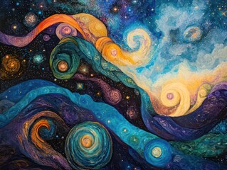 Wall Mural - cosmic journey through nebulous dreams vibrant abstract space illustration with swirling galaxies, m