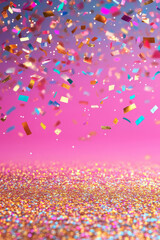 Wall Mural - confetti and sparkling glitter scattered across a split pink and blue background