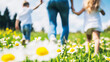 © Andrey - Family walking hand in hand through a field of daisies on a sunny day, enjoying nature and a moment of togetherness in the outdoors.