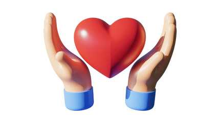 Poster - 3D render of two hands gently cradling a large, red heart. background removed