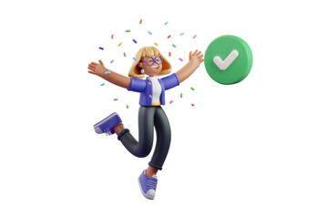Poster - Joyful 3D cartoon girl celebrates success with a green checkmark and confetti. background removed