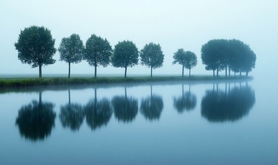 Misty morning, trees reflected in canal, serene landscape, nature photography