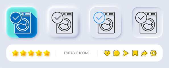 Wall Mural - Washing machine line icon. Neumorphic, Flat shadow, 3d buttons. Wash laundry sign. Washable cleaner symbol. Line washing machine icon. Social media icons. Vector