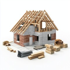 Poster - 3d illustration of construction concept with house shaped building materials on white background