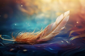 Poster - Golden feather floating on colorful abstract background with glittering bokeh, creating a dreamy atmosphere