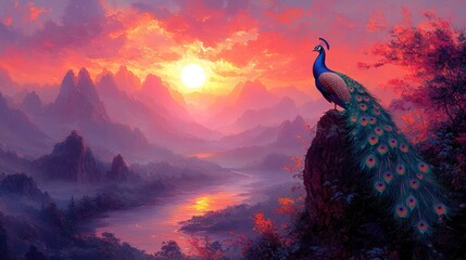 Peacock stands atop mountain peak at sunset over river.  Scenic view use