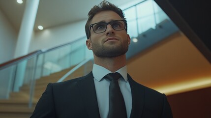 Wall Mural - Confident young caucasian male in business suit standing in modern office environment