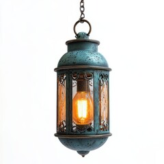 Wall Mural - A glowing lantern with a hanging chain, delicately placed on white 