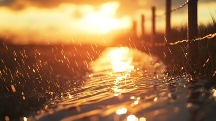 Wall Mural - Golden sunset rain over reflective rural path with sunlit fence