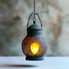 Wall Mural - A glowing lantern with a hanging chain, delicately placed on white 