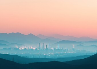 Poster - Pastel Gray South Korean Landscape with Industrial Silhouettes at Dawn