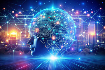 Poster - AI, digital brain, network, futuristic city.