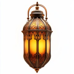 Wall Mural - A single ornate golden lantern lit up and glowing isolated on white 