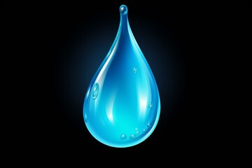 Poster - Bright, glowing blue water drop with smaller droplets on its surface, falling against a dark background