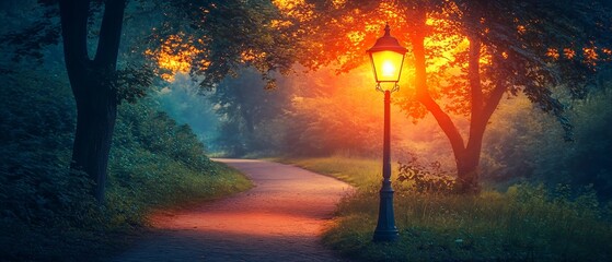 Sticker - Park path sunset, lamplight, misty trees. Calm scene