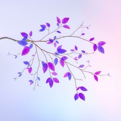 An elegant and artistic background in a gradient of soft pastel shades, ranging from light blue to lavender and pink. It features delicate branches intertwined with vibrant, translucent leaves in shad