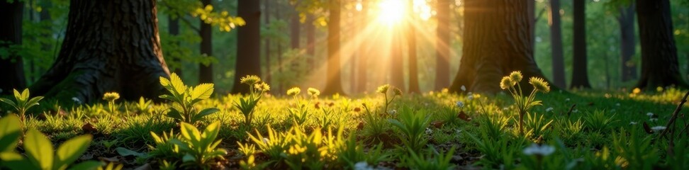 Wall Mural - Deep shadows and golden light interplay amongst new spring growth in a forest , flora, environment