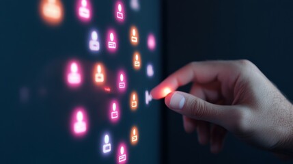 Poster - Interactive Digital Interface Close-Up of Hand Engaging with Neon Touchscreen Icons