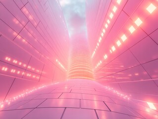 Aufkleber - Pastel Cyberpunk Futuristic Digital Pathway with Flowing Pink Light in Minimalistic Skyscraper Scene