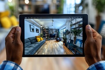 Wall Mural - real estate broker showcasing properties through live virtual tour using a tablet in online seminar.