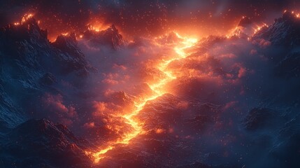 Wall Mural - Fiery lava flows through smoky mountains.