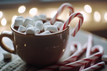 Wall Mural - A warm cup of hot chocolate with marshmallows and candy canes, perfect for a cozy winter day