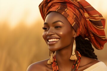 Wall Mural - Portrait of a beautiful young african model smiling and wearing traditional head wrap and jewelry during golden hour