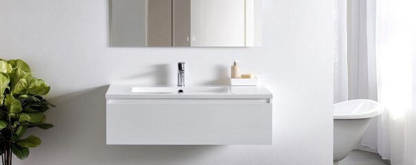 Mirrored floating vanity, reflecting light in a bright modern bathroom, optical illusion effect