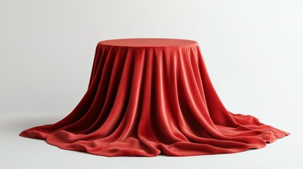 Poster - 3D rendering of an empty podium with a soft red velvet cloth, set for Valentine's Day, isolated on a white background