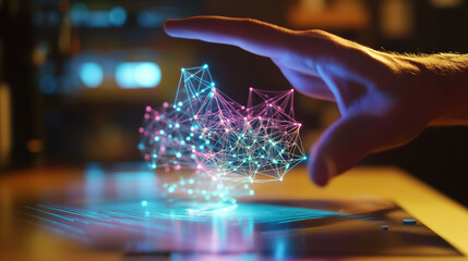 Poster - A hologram is a message icon. The message icon consists of polygons, triangles of points and lines. The message icon is a low-poly connection structure. Technology concept.