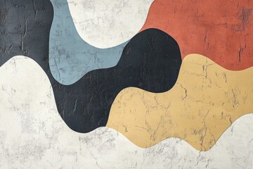 Poster - Colorful wavy shapes intertwine on a textured wall, forming a modern and abstract art composition with contrasting colors and textures