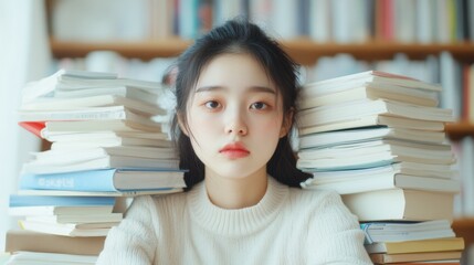 Poster - Focused Korean Student Studying Among Stacks of Books in Bright Study Space