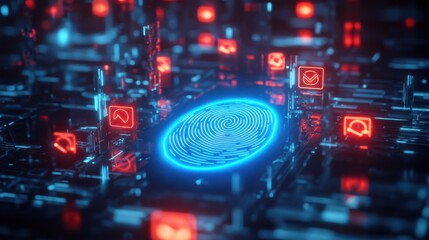 Poster - Digital fingerprint surrounded by glowing icons in a futuristic cyber environment representing security and technology
