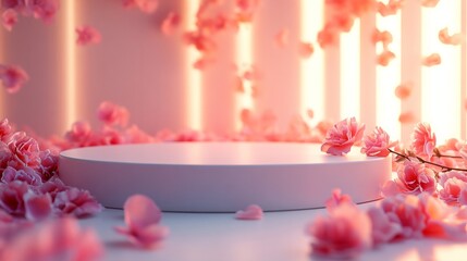 Poster - 3D podium with a smooth surface and a soft glow, surrounded by delicate rose petals, isolated on white 