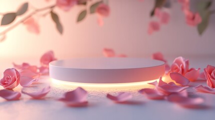 Poster - 3D podium with a smooth surface and a soft glow, surrounded by delicate rose petals, isolated on white 