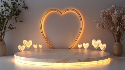 Poster - 3D podium with an elegant gold outline and soft heart-shaped lights surrounding it, isolated on white