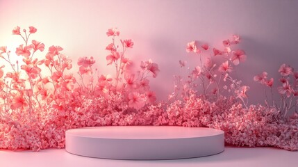 Poster - 3D podium with delicate floral patterns and soft pink light surrounding it, empty for Valentine's Day, isolated on white 