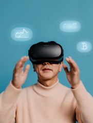 Aufkleber - Virtual Cryptocurrency Interaction Korean Man Exploring Future Finance with VR Headset