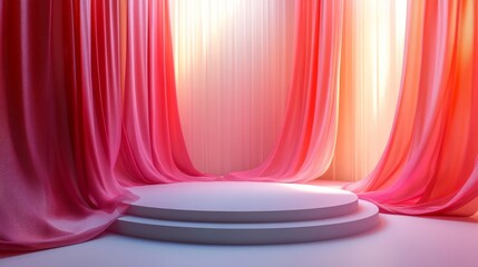 Poster - 3D podium with gentle, flowing curtains of red and pink light, empty for Valentine's Day, isolated on white 