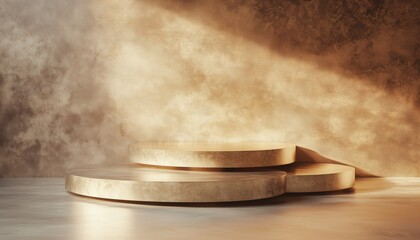 Poster - Three-Floor Gold Pedestal With Geometric Shapes And Circle Wall Shape For Product Presentation Advertising: A Stunning Rendering Of Platform Composition.