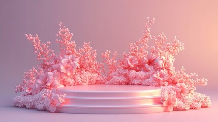 Poster - 3D rendering of a podium with intricate details, illuminated by soft pink lighting for a romantic Valentine's Day effect, isolated on white 