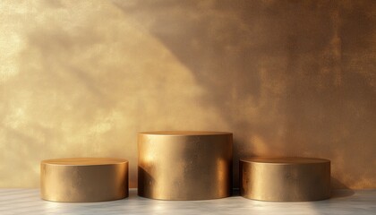 Poster - Gold Pedestal With Geometric Shapes On Three Floors: Circle Wall Shape, Gradient From Small To Large. Ideal For Product Presentation Advertising Rendering.