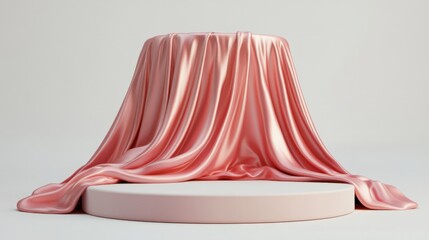 Poster - 3D rendering of an empty podium with a luxurious satin fabric draped over it, ideal for Valentine's Day, isolated on white