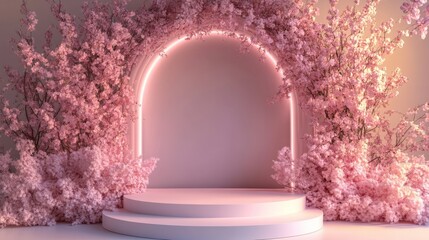 Poster - 3D rendering of an empty podium with a simple, elegant design, surrounded by soft pink lighting, isolated on white