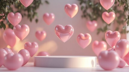 Poster - 3D rendering of an empty podium with a soft romantic glow and a heart pattern backdrop, isolated on white