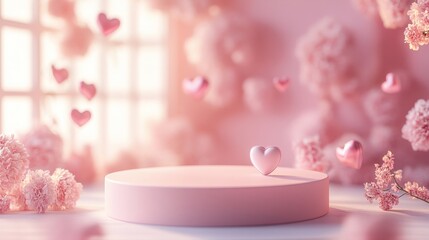 Poster - 3D rendering of an empty podium with a soft romantic glow and a heart pattern backdrop, isolated on white