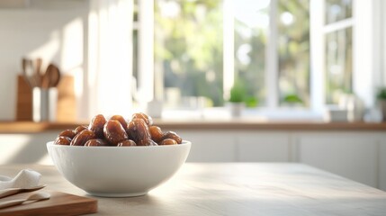 Wall Mural - Sunlit kitchen with bowl of dates on wooden table