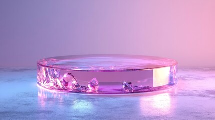 Poster - A 3D podium with crystal-like transparency, shining with a soft pink light, awaiting Valentine's Day decorations, isolated on white 
