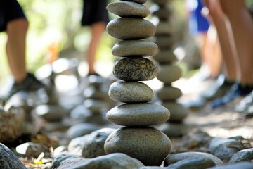 A rock pile with stacked rocks on top, suitable for use in landscape or nature photography