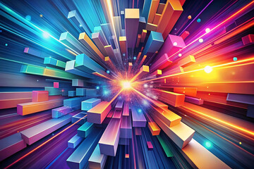 Poster - Abstract colorful 3D blocks exploding from bright light.